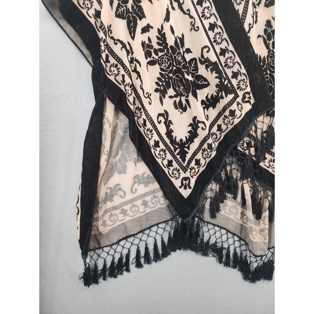 Free People OS Burnout Velvet Kimono Fringe Floral Wrap Black Pink Oversized NWT - Picture 5 of 13